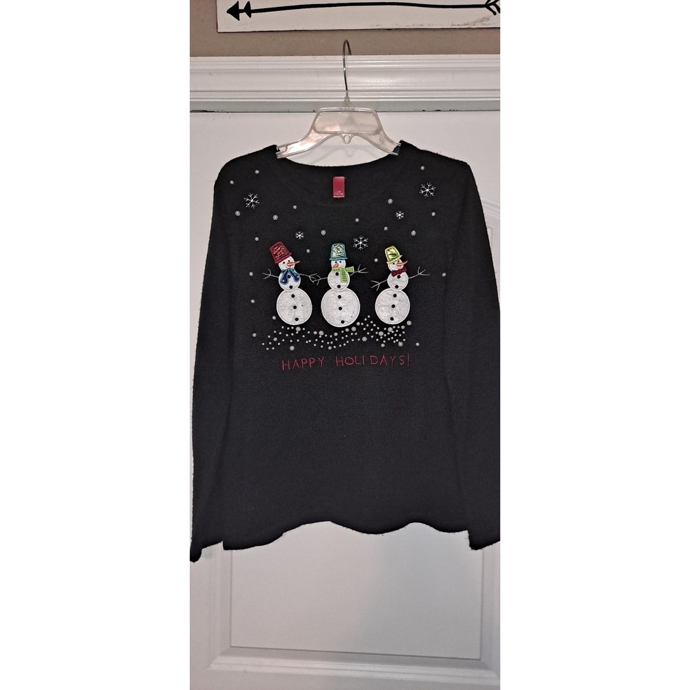 Black Holiday Sweater Snowmen Beaded Women's Size‎ L 12/14